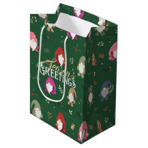 Sac Cadeau Moyen Gnomes colorés de Noël vert mignon