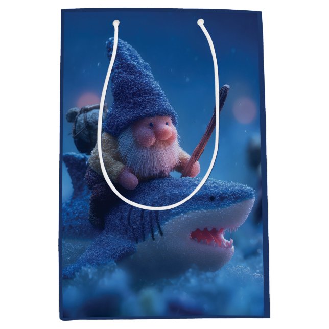 Sac Cadeau Moyen Gnomes Whimsical chevauchant des requins (Devant)