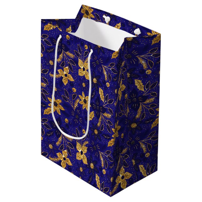 Sac Cadeau Moyen Gold and Blue Christmas Poinsettia Flowers (Devant Angle)