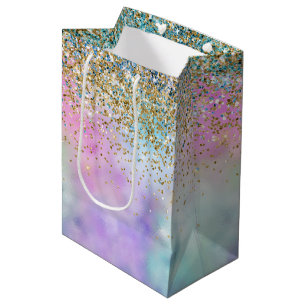 Sac Cadeau Moyen Gold Aqua Parties scintillant violet blanc Unicorn