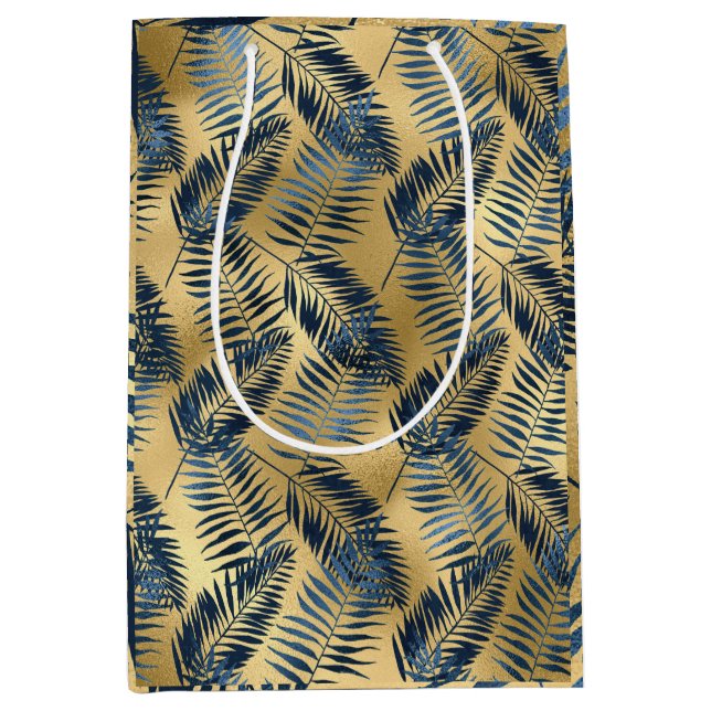 Sac Cadeau Moyen Gold Blue Palm Leaf Wrapping Paper  (Devant)