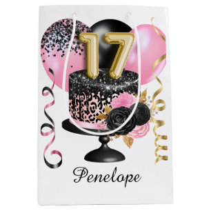 Sac Cadeau Moyen Gold et Black Cake 17th Birthday Name