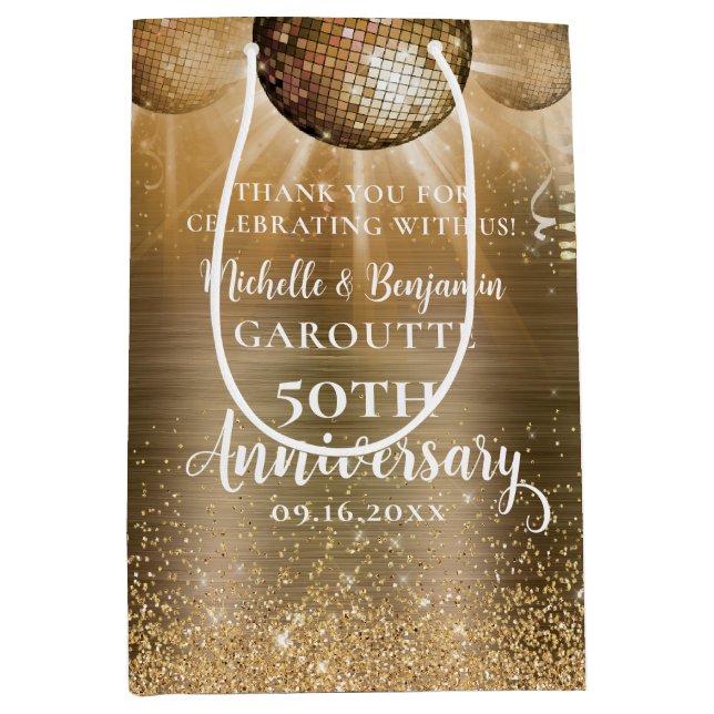 Sac Cadeau Moyen Gold Glam Disco Ball 50e anniversaire Mariage (Devant)