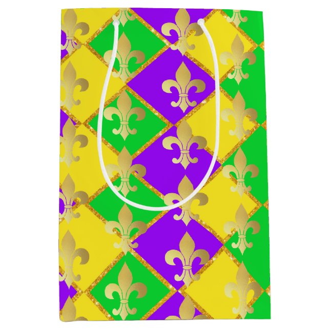 Sac Cadeau Moyen Gold Green Mardi Gras Harlequin Motif (Devant)
