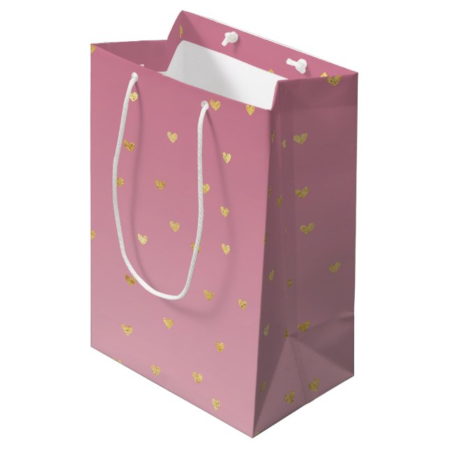 Sac Cadeau Moyen Gold Hearts Blush Pink Ombre (Devant Angle)