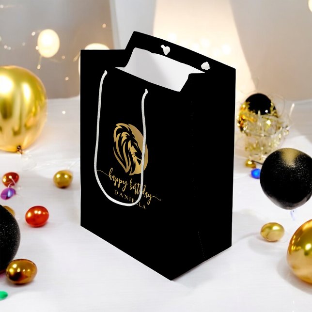 Sac Cadeau Moyen Gold Lion Leo Joyeux Anniversaire avec nom (Créateur téléchargé)