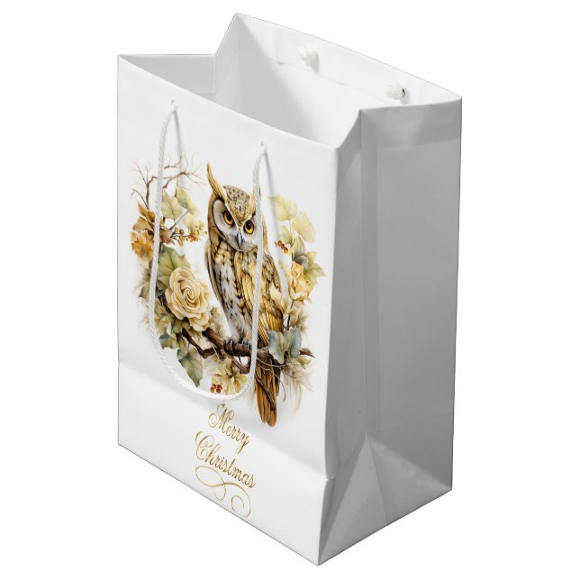 Sac Cadeau Moyen Gold Owl On A Branch Christmas (Devant Angle)