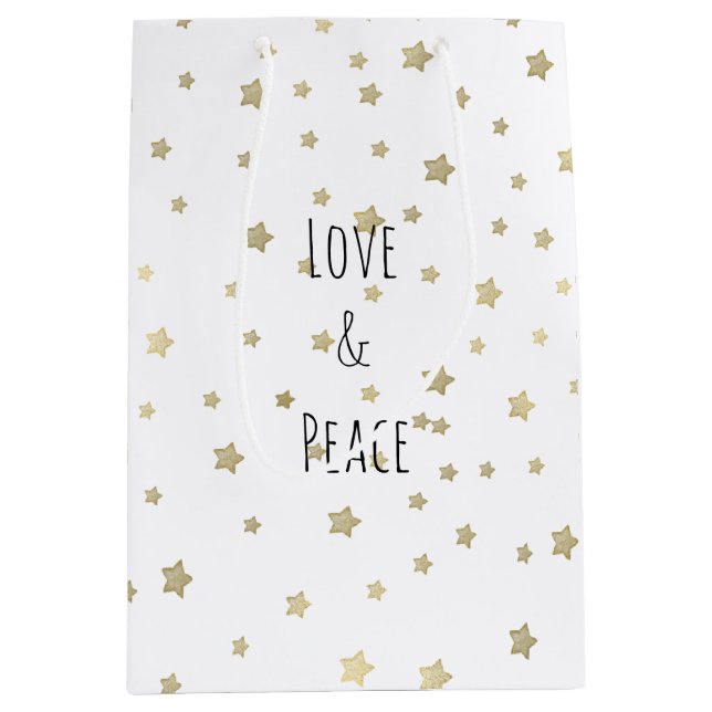 Sac Cadeau Moyen Gold Stars Amour et Paix (Devant)