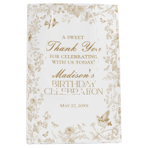 Sac Cadeau Moyen Gold Toile De Jouy Floral Fête d'anniversaire Fave