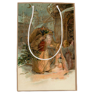 Sac Cadeau Moyen Gold Vintage Père Noël et Ange