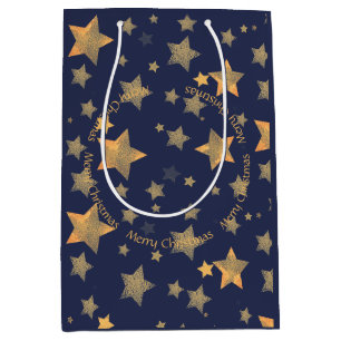 Sac Cadeau Moyen Golden Christmas Star Blue Elegant Classic Vintage