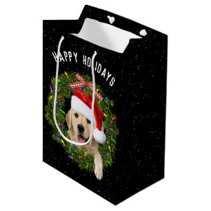 Sac Cadeau Moyen Golden Retriever dans la couronne de Noël