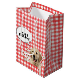 Sac Cadeau Moyen Golden Retriever dans les marguerites sur en vichy
