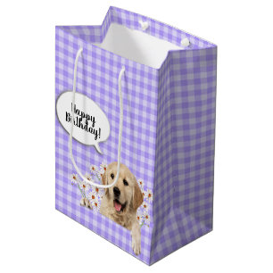 Sac Cadeau Moyen Golden Retriever dans les marguerites sur en vichy