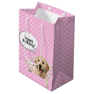 Sac Cadeau Moyen Golden Retriever dans les marguerites sur les pois