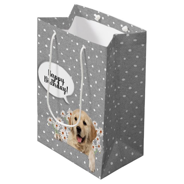 Sac Cadeau Moyen Golden Retriever dans les marguerites sur les pois (Devant Angle)