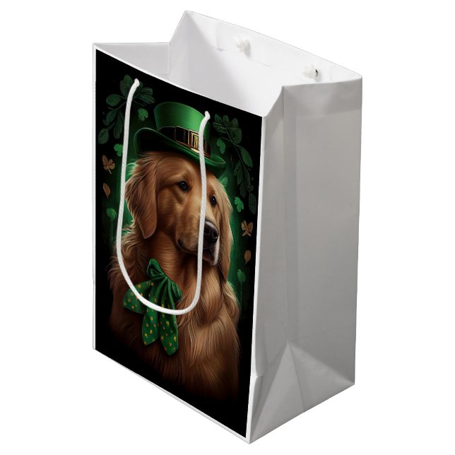 Sac Cadeau Moyen Golden Retriever Dog in St. Patrick's Day (Devant Angle)