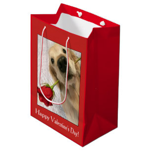 Sac Cadeau Moyen Golden Retriever Dog with Red Rose Valentine's Day