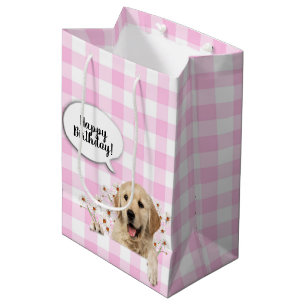 Sac Cadeau Moyen Golden Retriever en marguerite sur en vichy