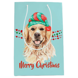 Sac Cadeau Moyen Golden Retriever Santa Hat Holiday perles à cordes