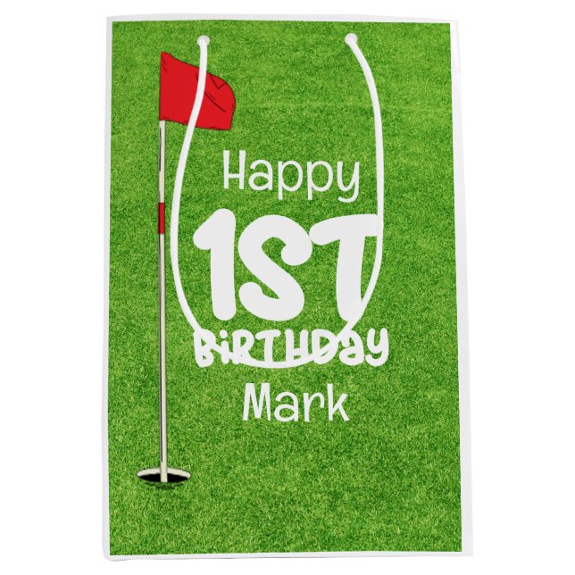 Sac Cadeau Moyen Golf 1er Anniversaire avec drapeau de golf en vert (Devant)