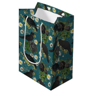 Sac Cadeau Moyen Goth Crows et Roses noirs Profond Turquoise Motif