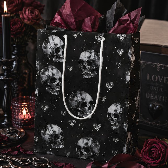 Sac Cadeau Moyen Gothique Crânes & Cœurs Dark Romantique (Créateur téléchargé)