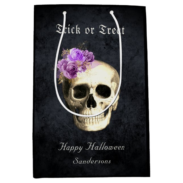 Sac Cadeau Moyen Gothique Halloween Crâne violet Roses Personnalisé (Devant)