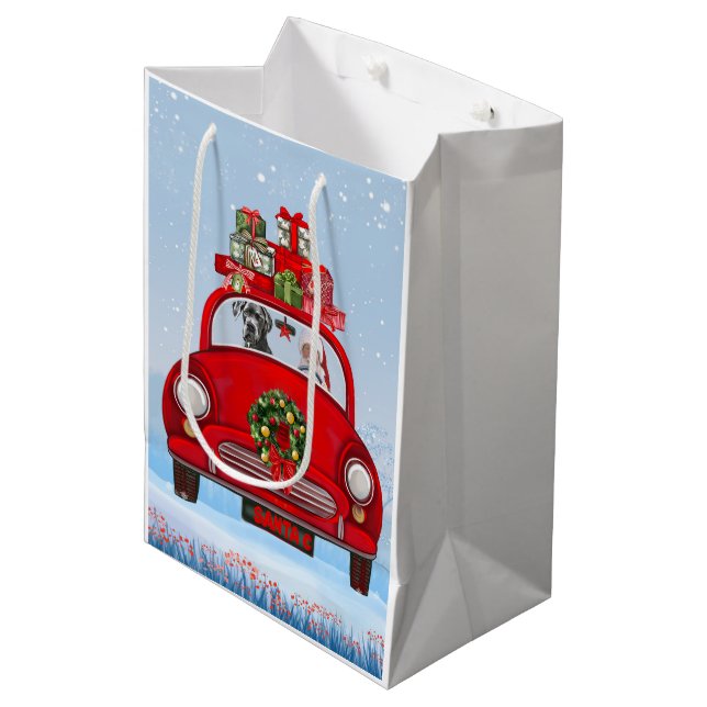 Sac Cadeau Moyen Grand Chien Danois En Voiture Avec Le Père Noël (Devant Angle)