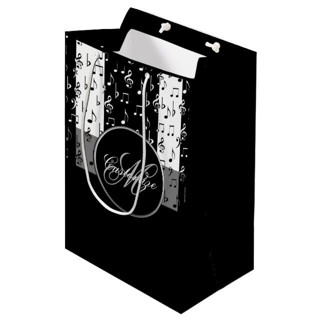 Sac Cadeau Moyen Grandes bandes musicales noires et blanches monogr (Devant Angle)