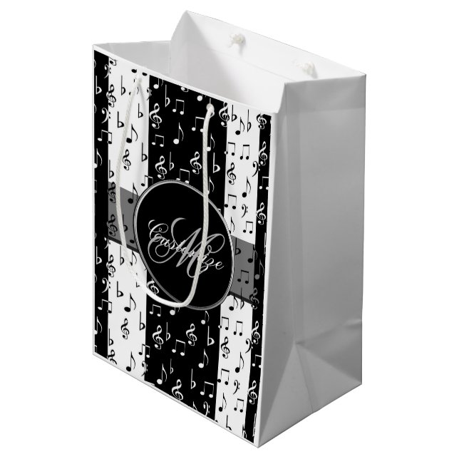 Sac Cadeau Moyen Grandes bandes musicales noires et blanches monogr (Devant Angle)