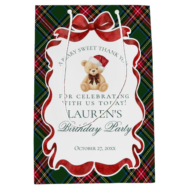 Sac Cadeau Moyen Green Tartan Plaid Christmas Bear Birthday Favors (Devant)