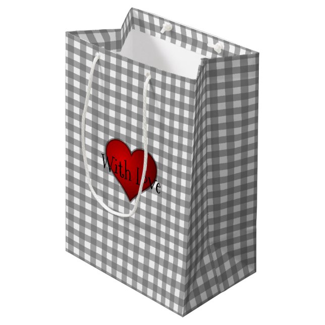 Sac Cadeau Moyen Grey En vichy Coeur rouge avec amour (Devant Angle)