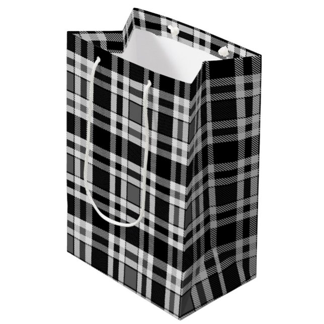 Sac Cadeau Moyen Gris Noir Blanc Flanné Plaid Tartan Design (Créateur téléchargé)