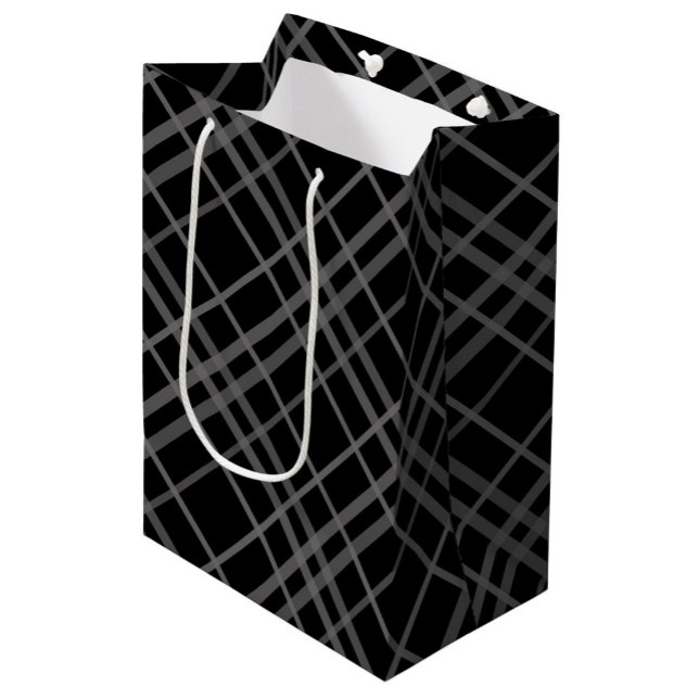 Sac Cadeau Moyen Gris Sur Tartan Noir Plaid Design Motif (Créateur téléchargé)