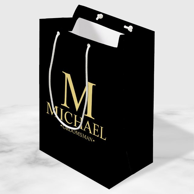 Sac Cadeau Moyen Groomsman personnalisé moderne noir et or (Créateur téléchargé)