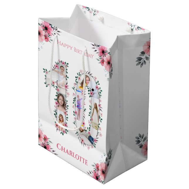 Sac Cadeau Moyen Gros 10e anniversaire fille photo Collage Fleur ro (Devant Angle)