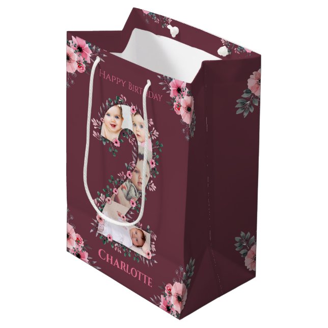 Sac Cadeau Moyen Gros 2e anniversaire fille photo Collage Fleur ros (Devant Angle)