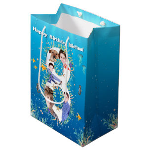 Sac Cadeau Moyen Gros 8 Anniversaire Photo Collage Sous La Mer