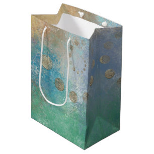 Sac Cadeau Moyen Grunge Côtière Aquarelle bleu et vert or