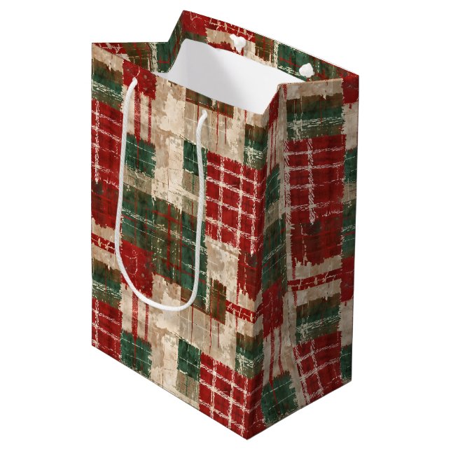 Sac Cadeau Moyen Grunge de Noël Plaid (Devant Angle)