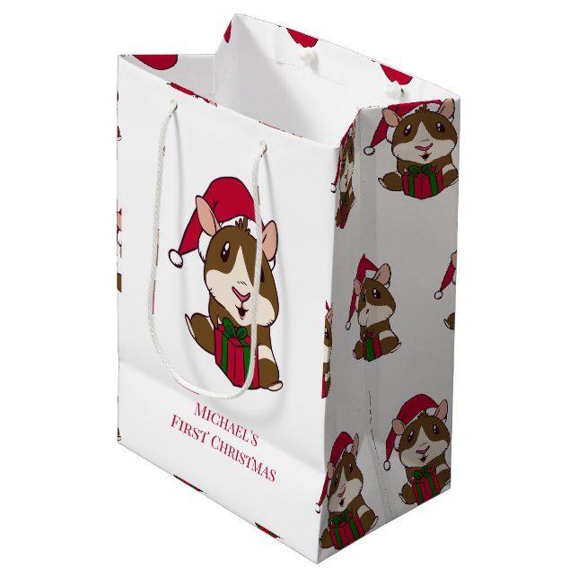 Sac Cadeau Moyen Guinéen Pig First Christmas Jote Pet Personnalisé (Devant Angle)