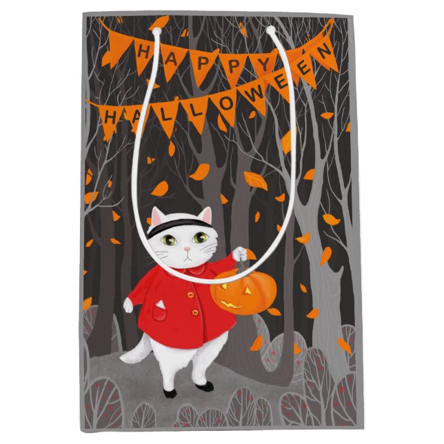 Sac Cadeau Moyen Halloween Cute Cat & Jack-o’-lanterne Citrouille (Devant)
