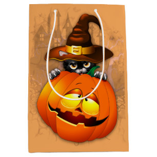 Sac Cadeau Moyen Halloween Cute Kitty Witch and Pumpkin Friend 