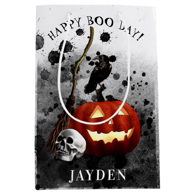 Sac Cadeau Moyen Halloween éffrayant Anniversaire Citrouille Crow C (Devant)