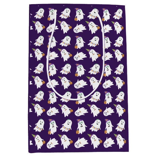 Sac Cadeau Moyen Halloween Fantômes Tricoter Ou Traiter (Devant)