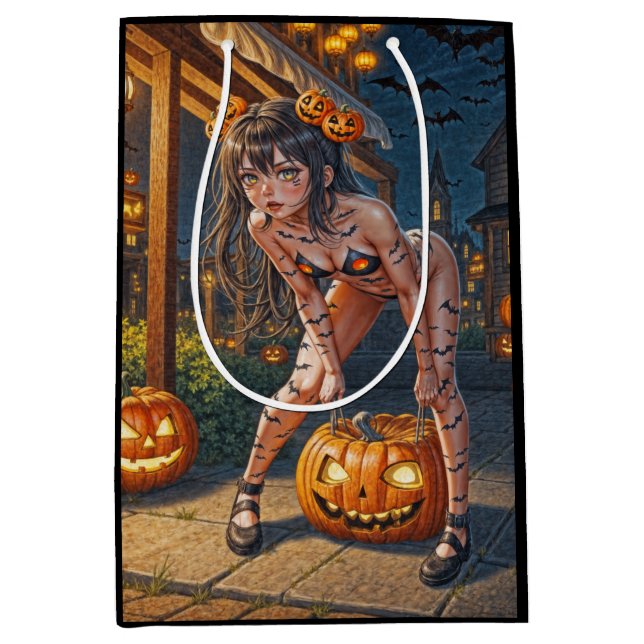 Sac Cadeau Moyen Halloween Monster Jack-o-Lantern & Bat Vixen Girl (Devant)