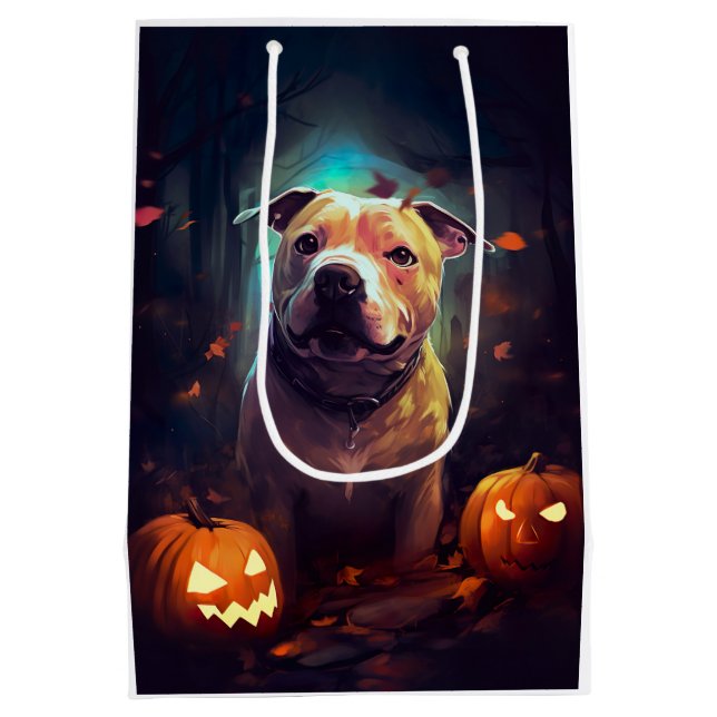 Sac Cadeau Moyen Halloween Pitbull avec la peur Citrouille (Dos)