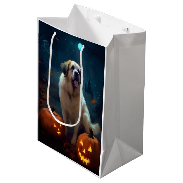 Sac Cadeau Moyen Halloween Saint Bernard avec la peur Citrouille (Devant Angle)