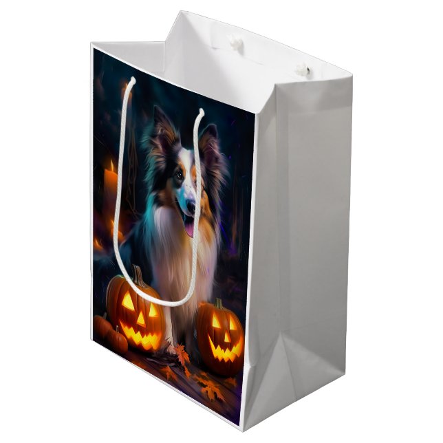 Sac Cadeau Moyen Halloween Shetland Sheepdog Avec la peur Citrouill (Devant Angle)
